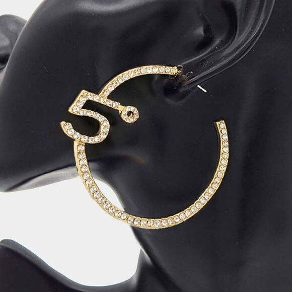 No. 5 Rhinestone Embellished Gold Hoop Earrings - Picture 4 of 6